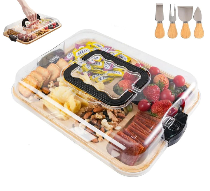 ERNAN Käsebrett mit Deckel für Partys Reisen, Servierplatte mit Fächern Griff für Snacks Fleisch Des