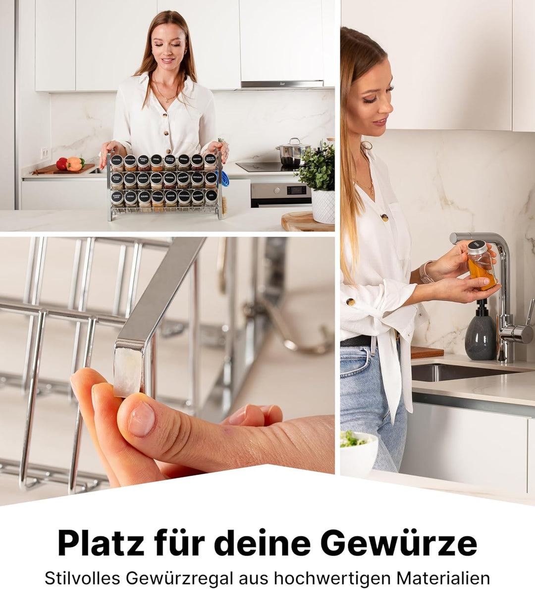 Deco haus Gewürzregal mit Gewürzgläser - 3 stufiges Metall Regal - Küchen Organizer Set, Gewürzregal