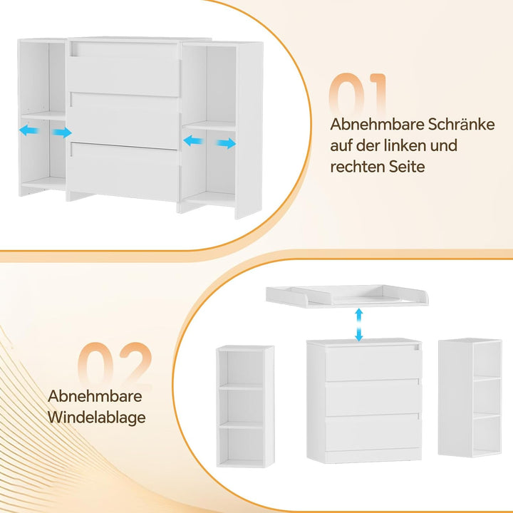 2-in-1 Wickelkommode mit abnehmbarem Wickelaufsatz,Baby Wickeltisch Weiss, Kommode mit 3 Schubladen