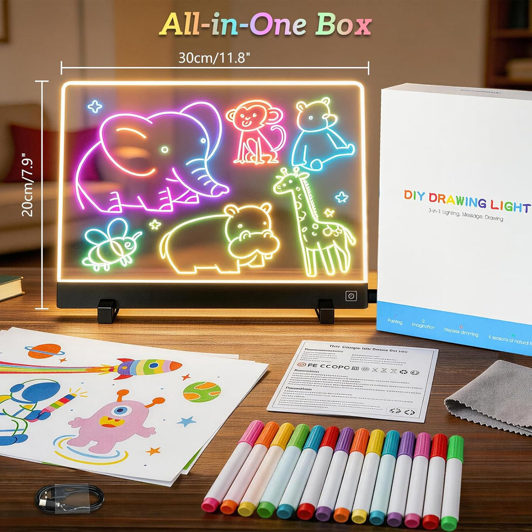 LED Zeichenbrett Tafel, 30x20cm LED Maltafel, Leuchttafel mit 7 Farben & 4 Lichtmodi, Notiztafel Sch