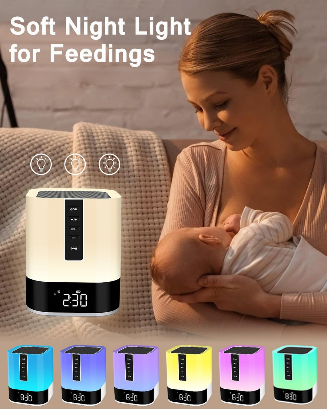 Bluetooth Lautsprecher mit Licht, Kinder Wecker, White Noise Machine,Nachttischlampe Touch-Dimmbar,4