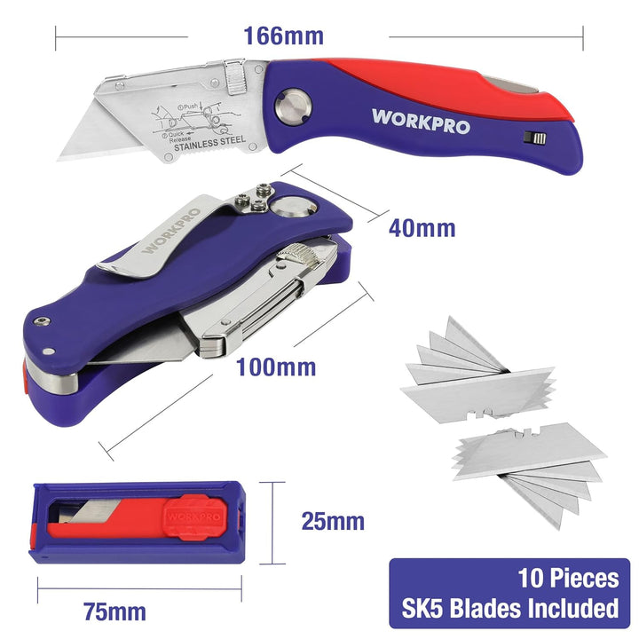 WORKPRO Teppichmesser Faltbares Universalmesser, Cutter Messer mit Klingenaufbewahrung und Gürtelcli