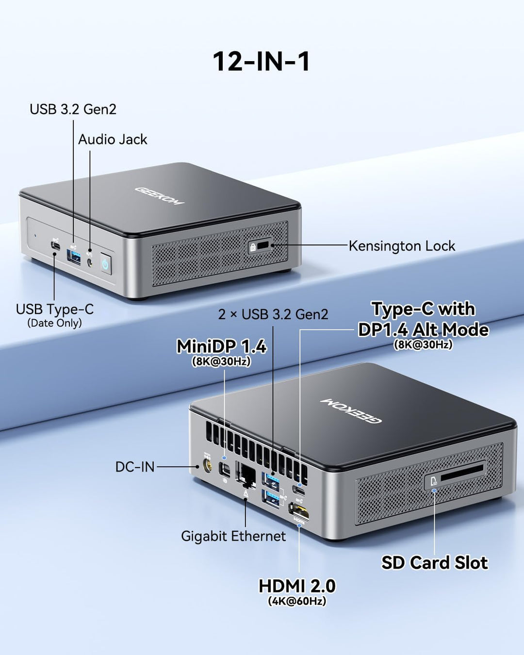 GEEKOM Mini PC Air 12 mit Intel Twin Lake N150(bis zu 3,6 GHz), 16 GB DDR5 4800MHz RAM 512 GB PCIe 3