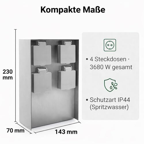 LED Universum Gartensteckdose aus Edelstahl, IP44 für aussen, 23cm (Silber 4-fach), Silber 4-fach