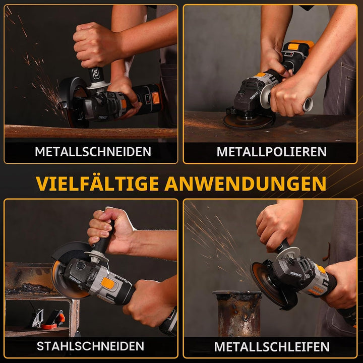 Akku-Winkelschleifer 20V Ø 125mm: DEKOPRO Schleifer mit 4.0Ah Akku, bürstenloser Motor, 8500RPM – in