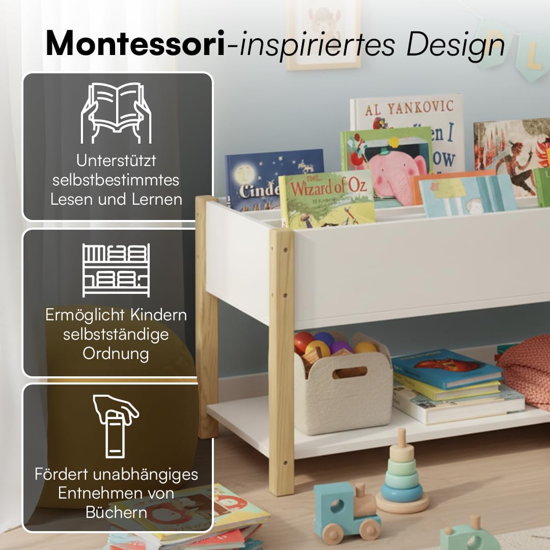 Bellabino Teme Bücherregal Kinderzimmer – Kinderbücherregal mit 4 Fächern – Montessori Bücherregal m