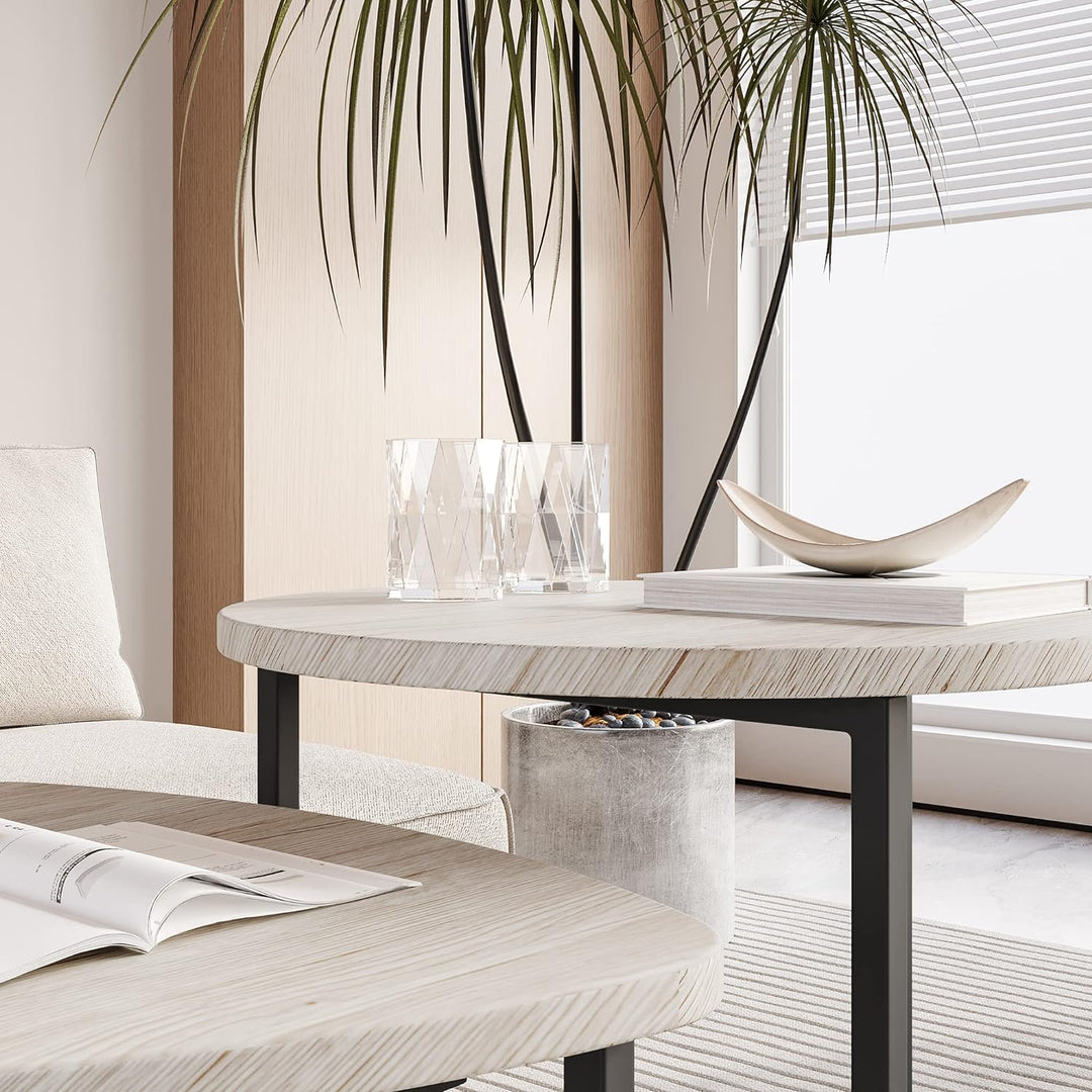 HOJINLINERO Couchtisch Rund 2 er Set,Beistelltisch Set,Sofatisch,Kaffeetisch,Metall Untergestell und