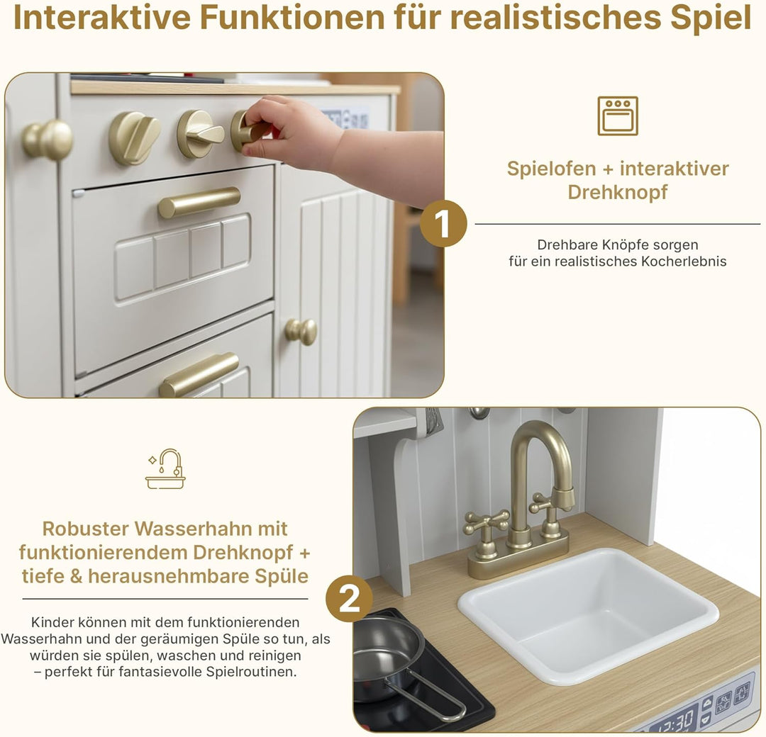 Kinderküche Holz mit Licht & Sound – Grosse Spielküche aus Holz mit Zubehör, Spüle, Herd & Backofen