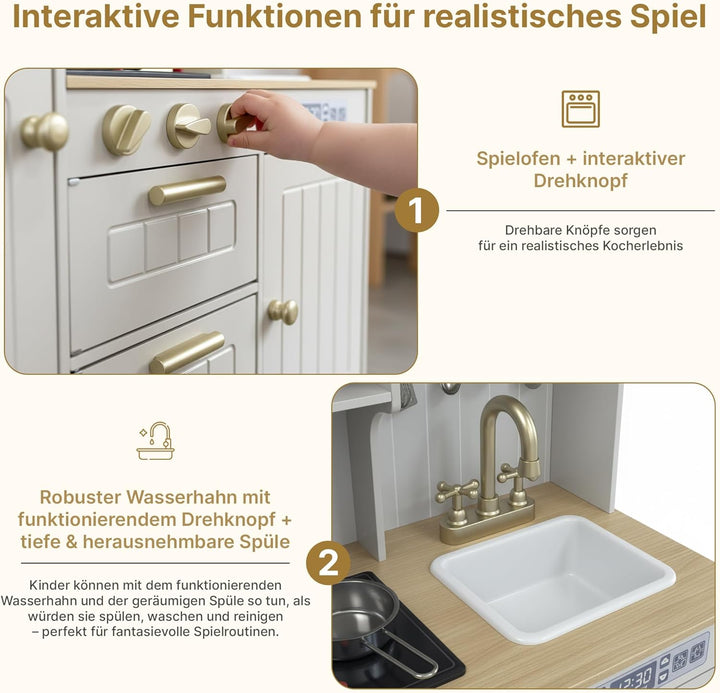 Kinderküche Holz mit Licht & Sound – Grosse Spielküche aus Holz mit Zubehör, Spüle, Herd & Backofen