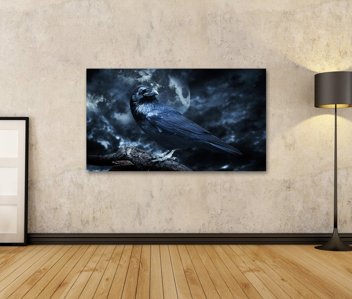islandburner Bild Bilder auf Leinwand Schwarzer Rabe im Mondschein hockte auf Baum. Gruselig Wandbil