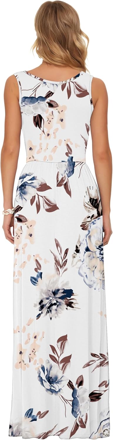 AUSELILY Damen Sommer Ärmelloses Lockeres Maxikleid Lässiges Langes Kleid mit Taschen Weisse Blumen