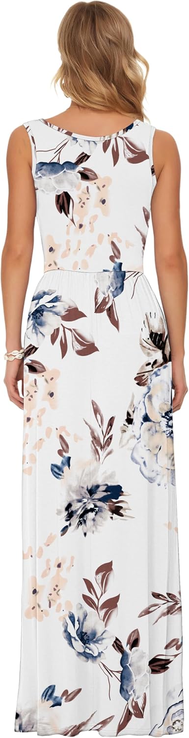 AUSELILY Damen Sommer Ärmelloses Lockeres Maxikleid Lässiges Langes Kleid mit Taschen Weisse Blumen