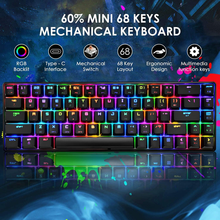 60% mechanische Mini-Tastatur, kompakt 68 Tasten, USB C, kabelgebunden, RGB-Tastatur, 18 Chroma Rain