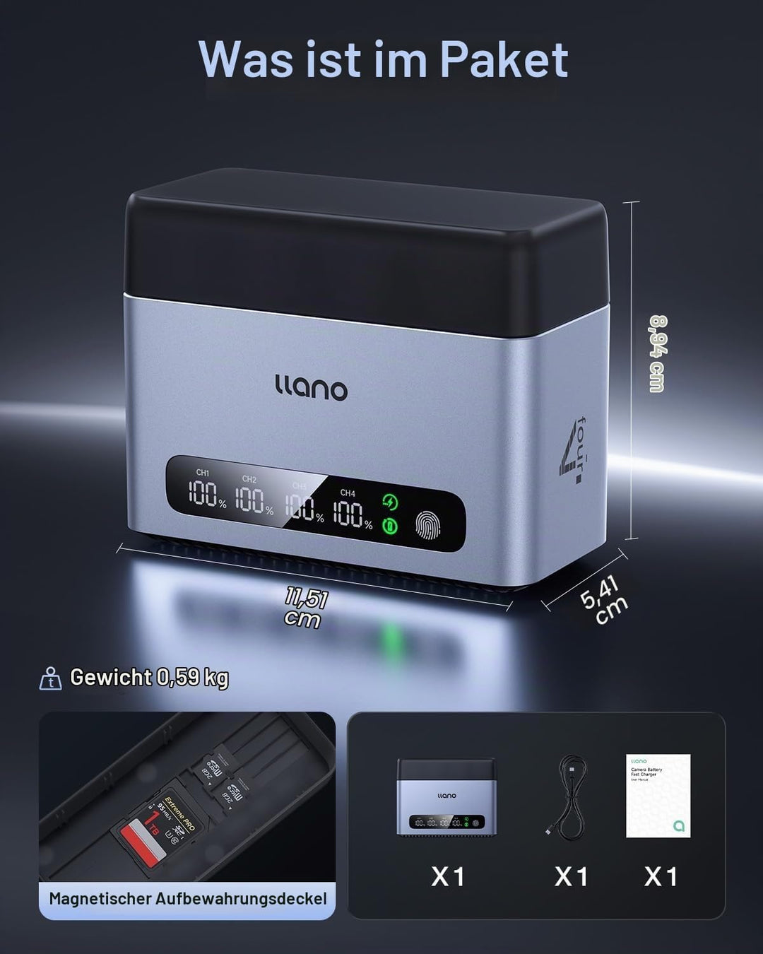 llano LP-E6P LP-E6NH Akku-Schnellladegerät, 65W 4-Slot, CNC-Alu, USB-C-Box | Für EOS R5, R5 C, R6, R