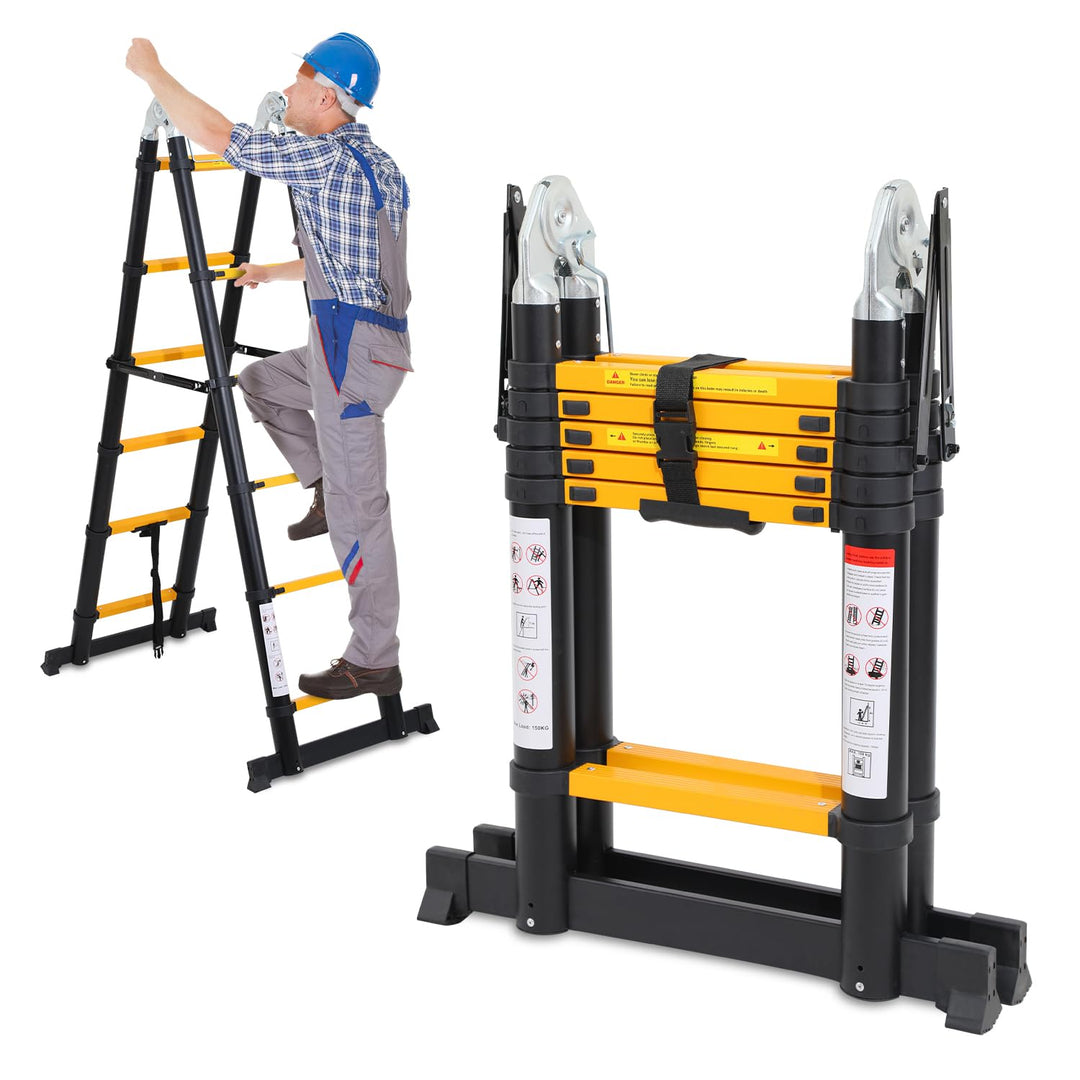 Herrselsam 3.8m(1.9m+1.9m) Teleskopleiter Klappleiter Aluminium, Mehrzweckleiter mit Tragegriff, Rut