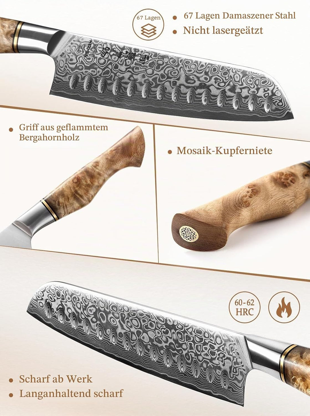 HEZHEN Damast Santoku Messer, Asiatisches Küchenmesser Japanischer Stil, Figaro Bergahorn Holzgriff,