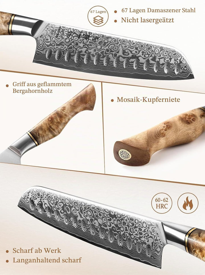 HEZHEN Damast Santoku Messer, Asiatisches Küchenmesser Japanischer Stil, Figaro Bergahorn Holzgriff,
