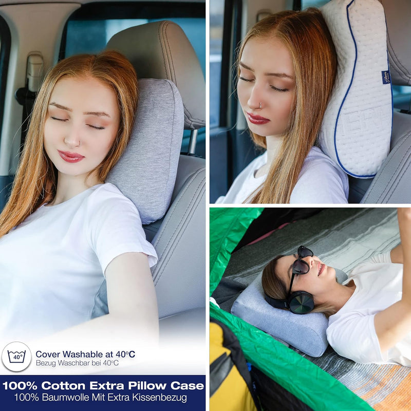alkamto Reisekissen - Camping Kissen - Memory-Schaum mit extra Baumwolle Überzug – inklusive Tasche