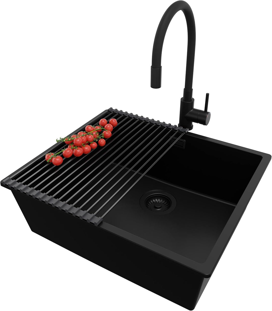 PRIMAGRAN Granitspüle Alles Schwarz 56x47cm, Spülbecken 1 Becken + Ablauf-Set + Küchenarmatur 40x13c