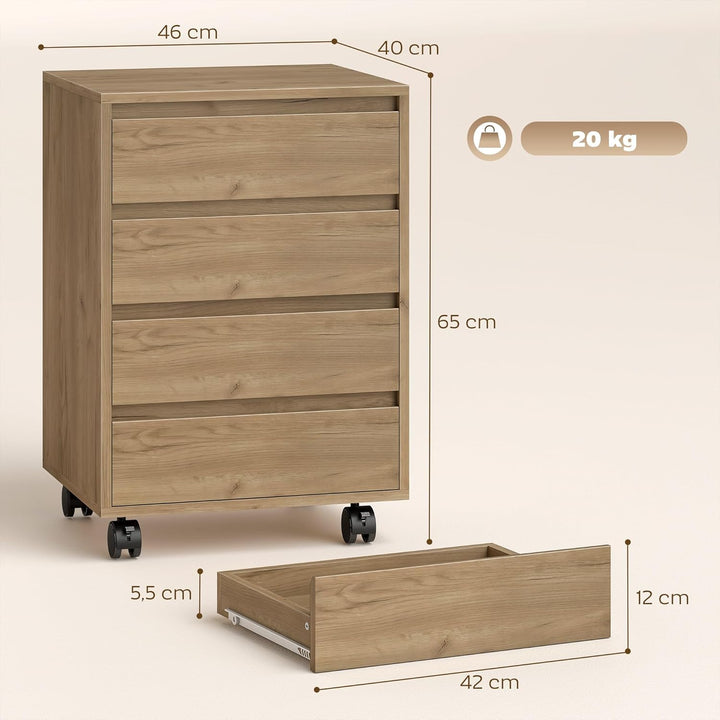 HOMCOM Büroschrank mit 4 Schubladen Schreibtischschrank mit Rollen Mobiler Aktenschrank für das Arbe