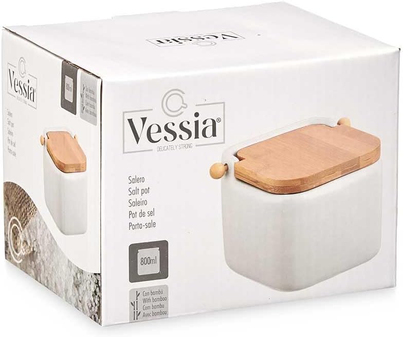 Vessia - Salztopf Keramik, Klappdeckel aus Bambus, Praktische Salzdose und Salzgefäss für die Küche,
