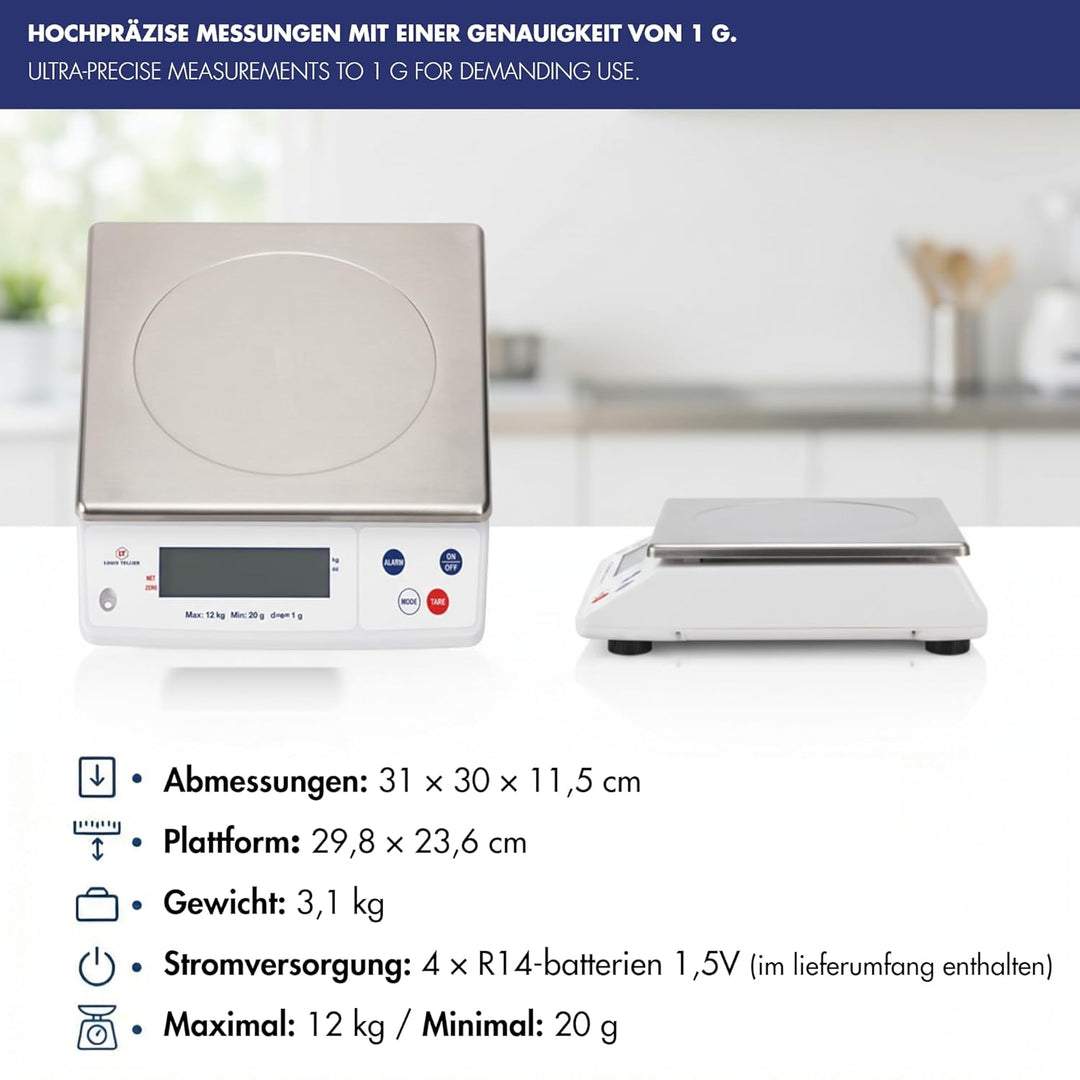 LOUIS TELLIER, Professionelle Elektronische Waage,12 kg, IP53, Genauigkeit 1 g, Abnehmbare Edelstahl