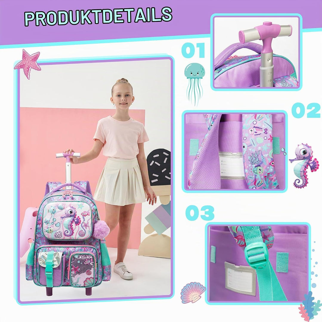 HTgroce Schulranzen Trolley Mädchen Meerjungfrau Rolling Backpack for Girls Einhorn Rucksack Mit Rol