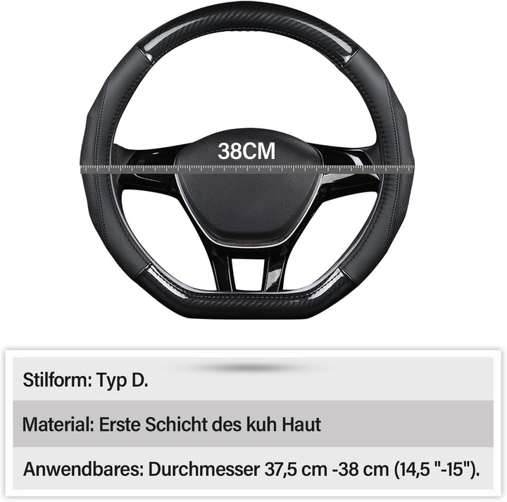 Ergocar Auto Lenkradbezug Rutschfester Auto Lenkradschutz D-Form Kohlefaser & Erste Schicht Rindsled