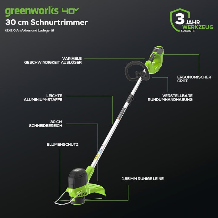 Greenworks 40V Akku Rasentrimmer für mittelgrosse Gärten, höhenverstellbar, 30 cm Schnittbreite, aut