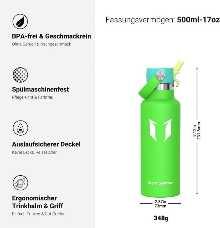 Super Sparrow Trinkflasche Edelstahl - Thermobecher - 350ml, 500ml, 750ml, 1L - Standardmund Stroh-D