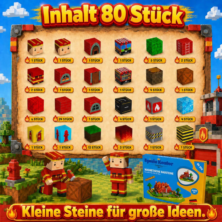 Spiele Kontor Magnetische Bausteine Feuerwehr - 80 Stück Magnetbausteine | Kinderspielzeug für Junge