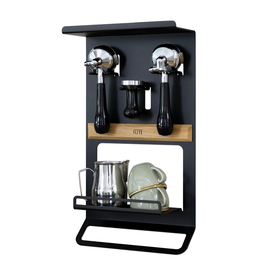 FLATE Barista Regal für Siebträger, Tamper und Barista Zubehör in schwarz (Wandhalterung für Kaffeez