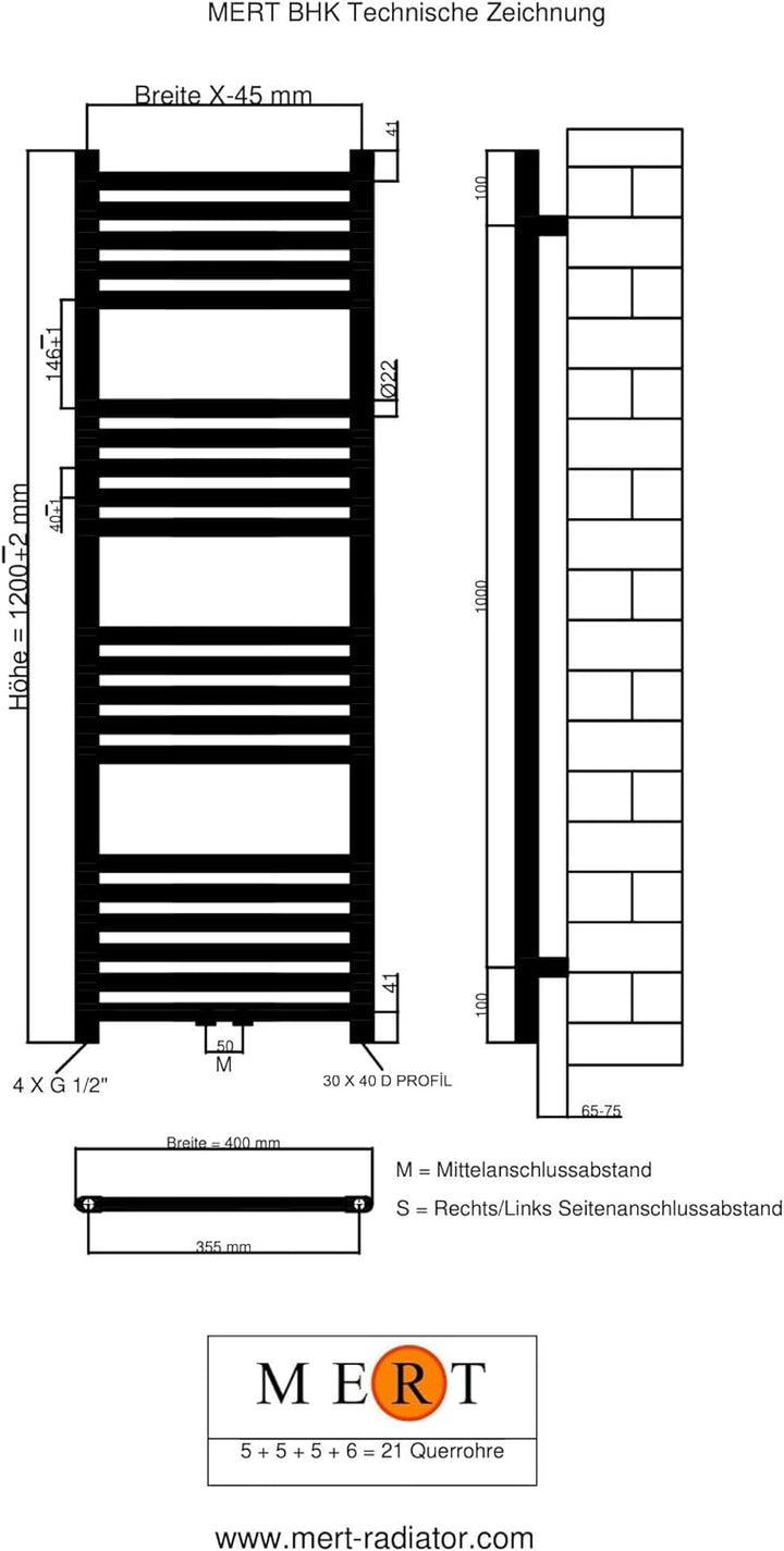 MERT Comfort Badheizkörper 400x1800mm Mittelanschluss Pulverbeschichtet Verkehrsweiss RAL9016 geboge