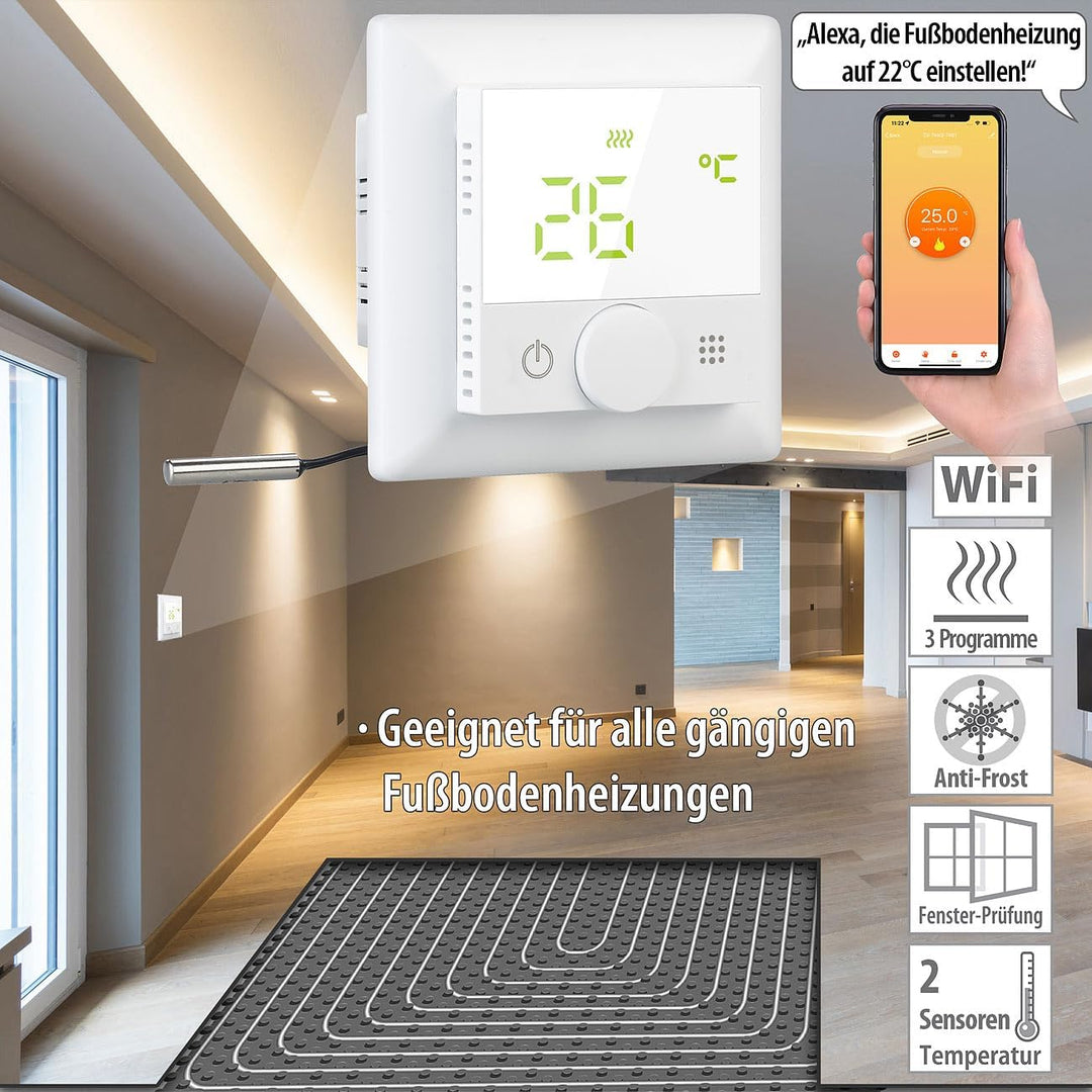 revolt Raumthermostat: WLAN-Fussbodenheizungs-Thermostat mit Sprachsteuerung und App, weiss (WiFi Th