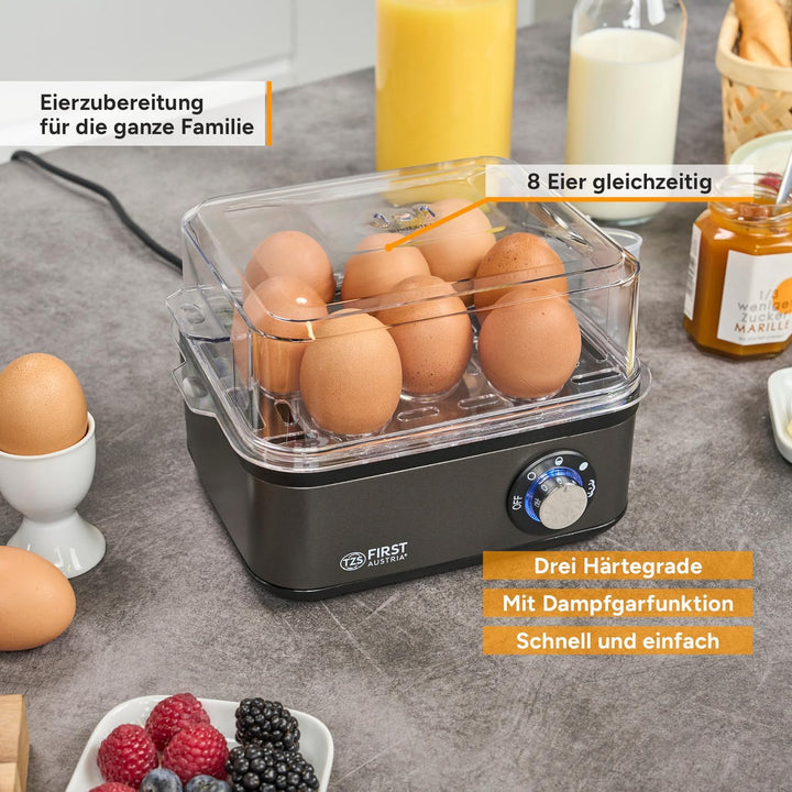 TZS First Austria Eierkocher Grau - 8 Eier Kapazität - 4 Kochstufen inkl. Dampfgarfunktion - Automat