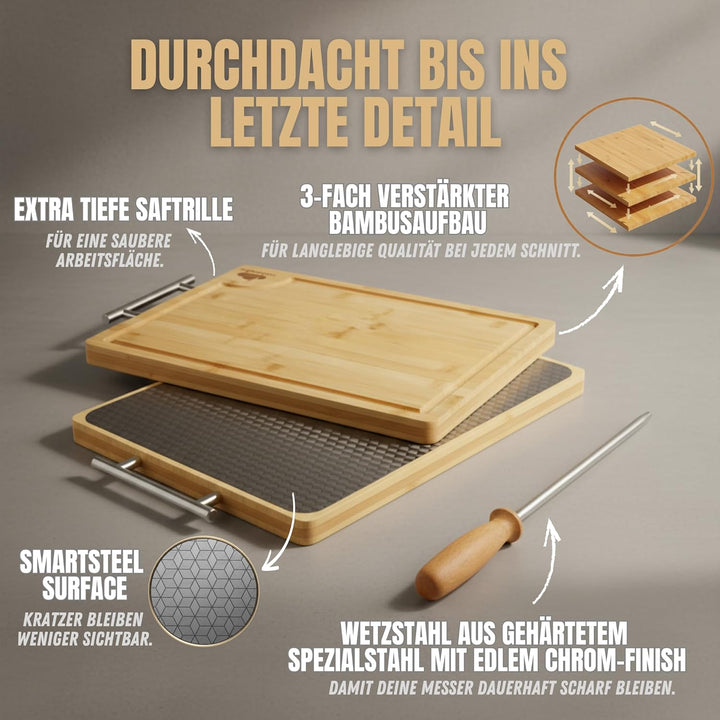 Doppelseitiges Schneidebrett Edelstahl & Bambus | Küchenbrett mit Saftrille & Metallgriff | Holzbret