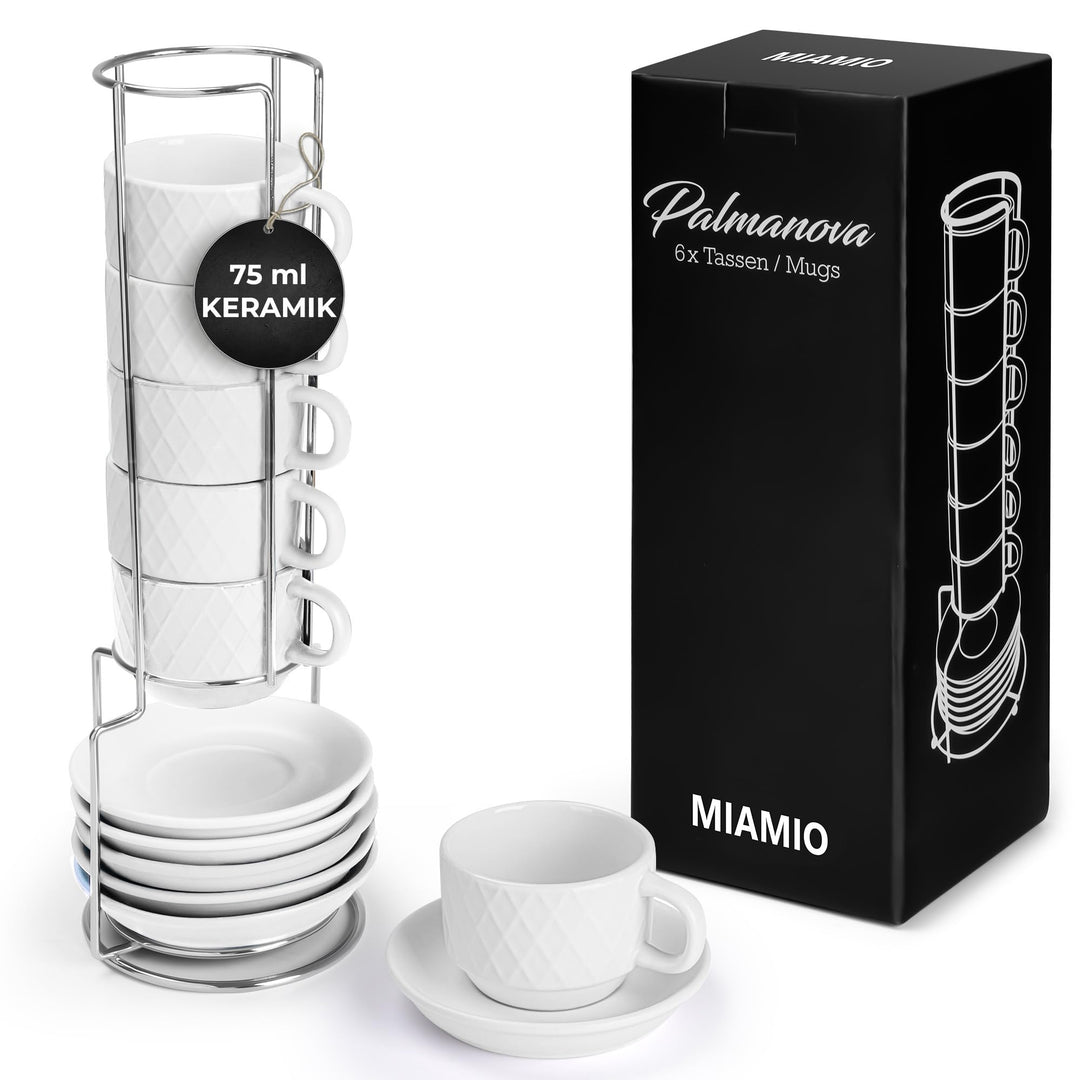 MIAMIO – 6 x 75 ml Espresso Tassen/Espressotassen Set mit Ständer Steingut Keramik - Palmanova Kolle