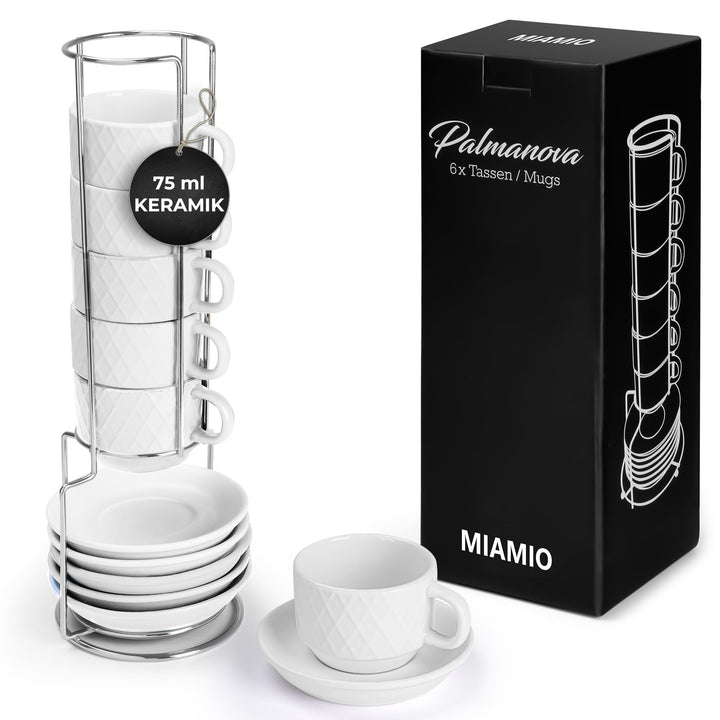 MIAMIO – 6 x 75 ml Espresso Tassen/Espressotassen Set mit Ständer Steingut Keramik - Palmanova Kolle