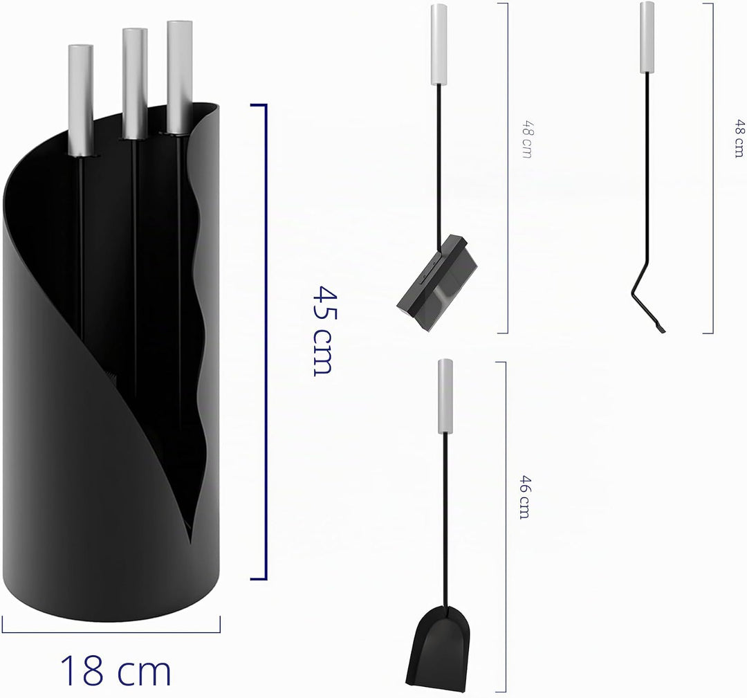 Kingson Kaminbegleiter-Set 3-teilig - Modernes Kaminbesteck mit Bürste, Schaufel & Schürhaken - Rund