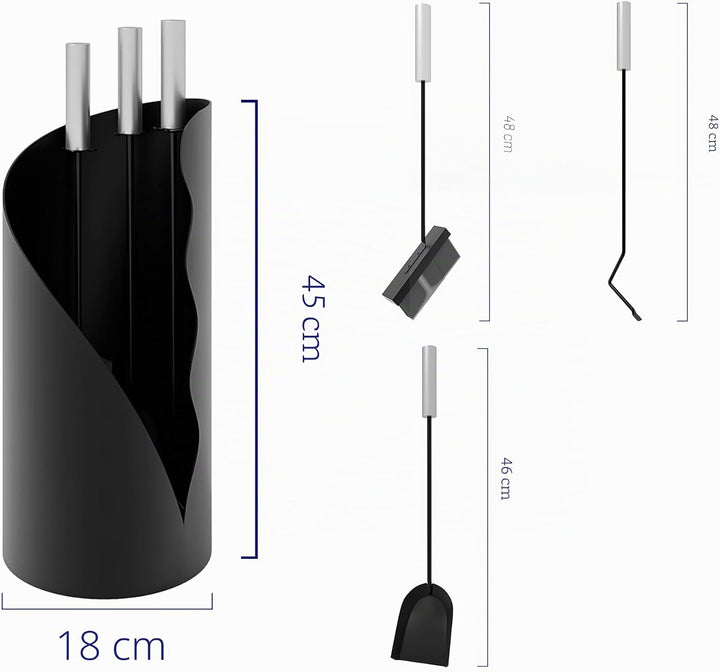 Kingson Kaminbegleiter-Set 3-teilig - Modernes Kaminbesteck mit Bürste, Schaufel & Schürhaken - Rund