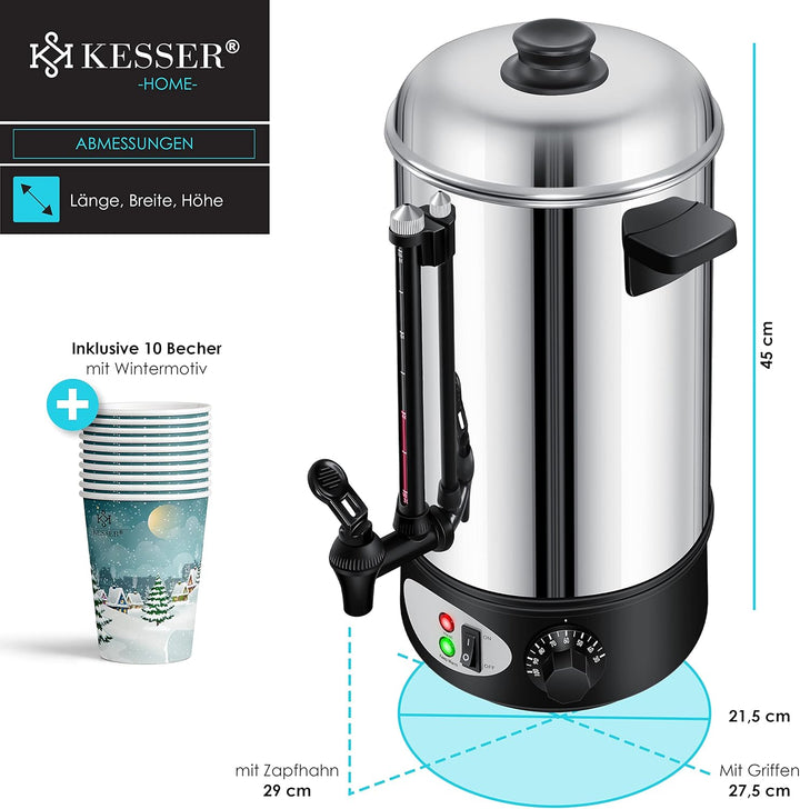 KESSER® Glühweinkessel 8L Edelstahl Inkl. 10x Becher Glühweinkocher mit Thermostat Glühweinautomat H