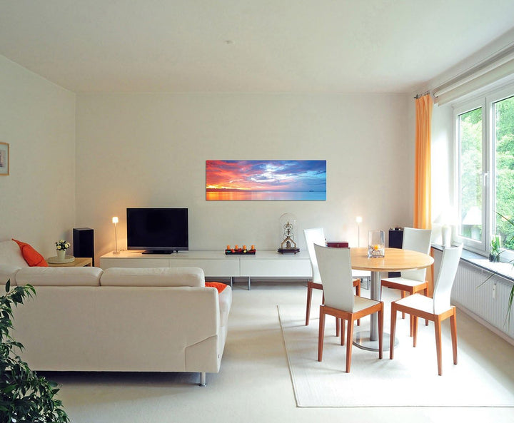 Paul Sinus Art Panoramabild auf Leinwand und Keilrahmen 150x50cm Meer Wolkenhimmel Abendrot Spiegelu