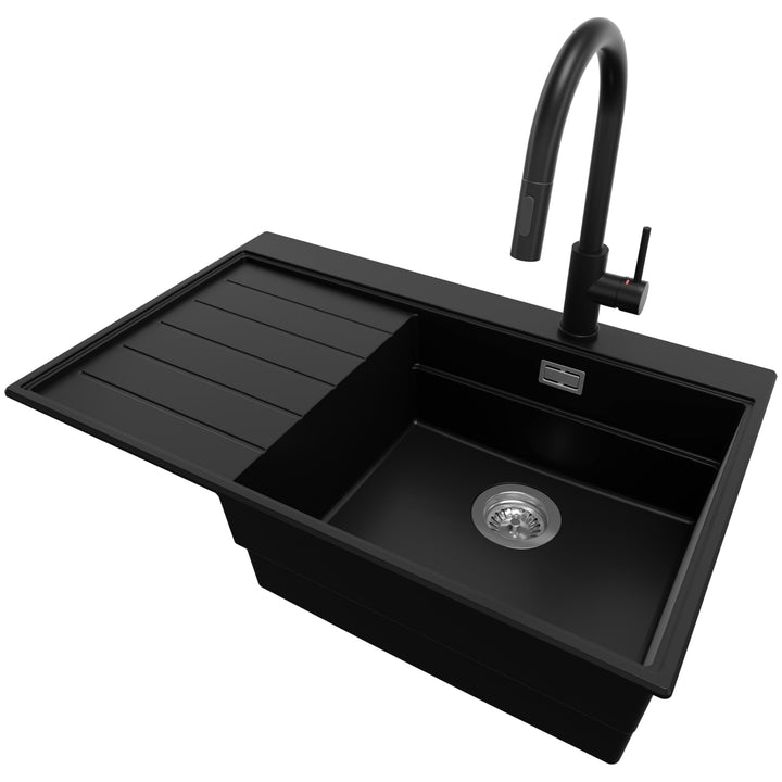 PRIMAGRAN Granitspüle Schwarz 78x50cm, Spülbecken 1 Becken + Ablauf-Set + Küchenarmatur 40x22cm, Küc