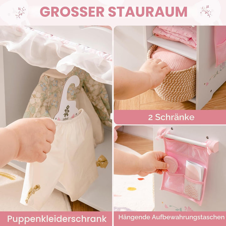 ROBUD Puppenbett mit Kleiderschrank – Holz Spielmöbel für Puppen bis 55 cm, mit Zubehör & grossem St