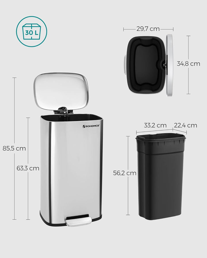 SONGMICS Mülleimer Küche, 30 Liter, Abfalleimer, Treteimer, mit Deckel, Softclose, Fusspedal, Stahl,