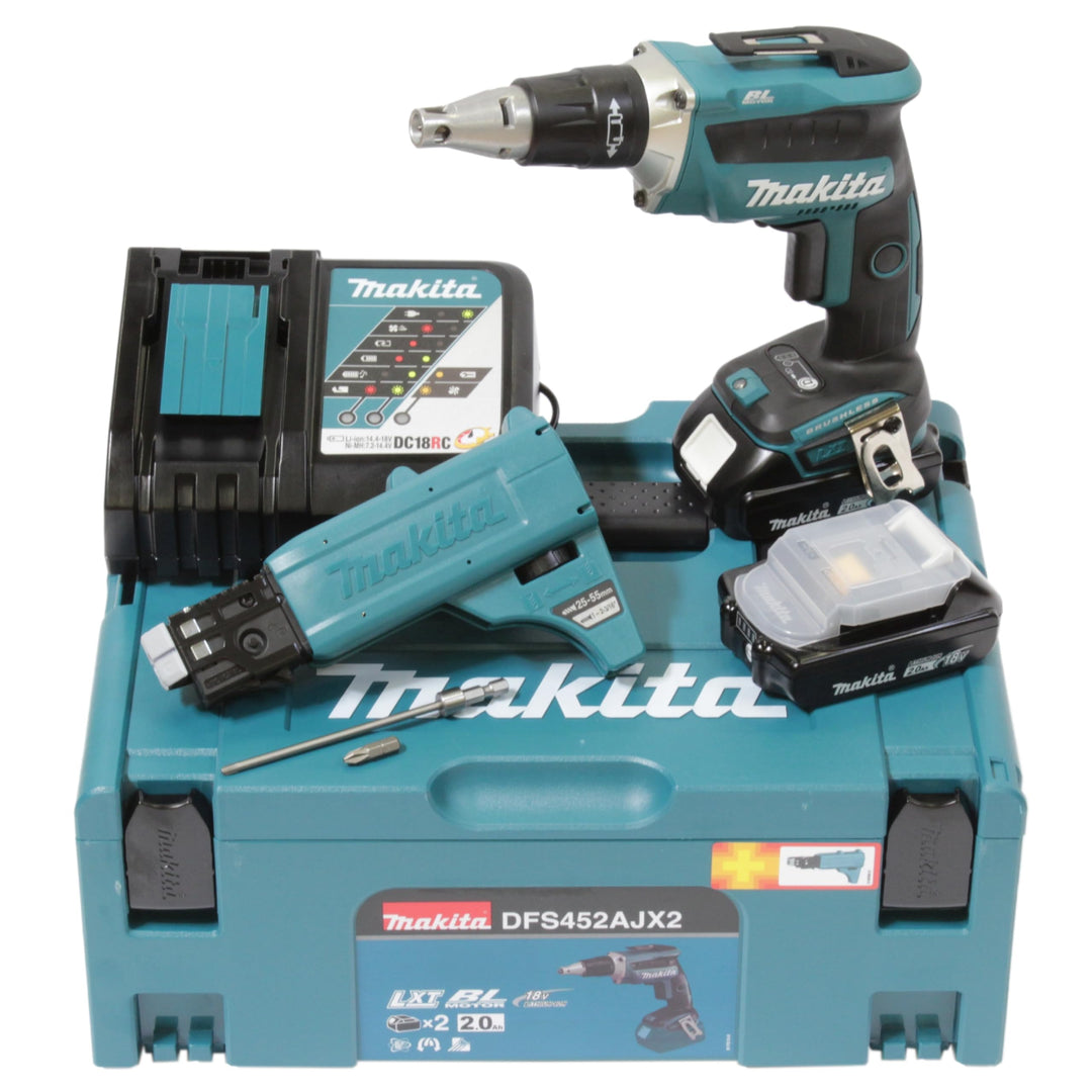Makita 18V / 2,0 Ah, 2 Akku + Ladegerät im MAKPAC inkl. 199146-8 Magazinschrauben Vorsatz DFS452AJX2