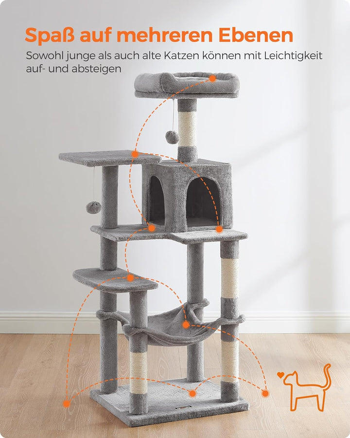 Feandrea Kratzbaum, 143 cm hoch, Katzenbaum, mehrstöckige Katzenhaus, mit 4 Kratzsäulen, 2 Plattform
