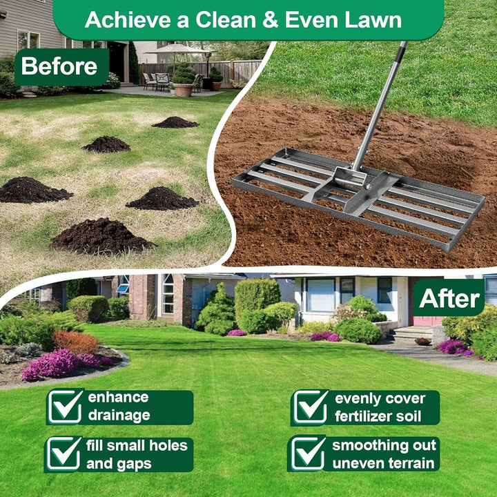 Rasen Nivellierrechen 76×26 cm, Heavy-Duty Garten Rasenrakel aus Karbonstahl, vollverschweisste Nive