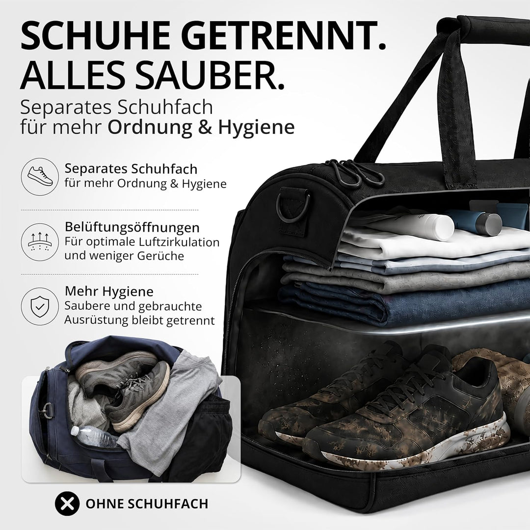 Sporttasche Herren Trainingstasche Damen + Schuhfach Nassfach | 40/60L mit Rucksack-Funktion, 30/50L