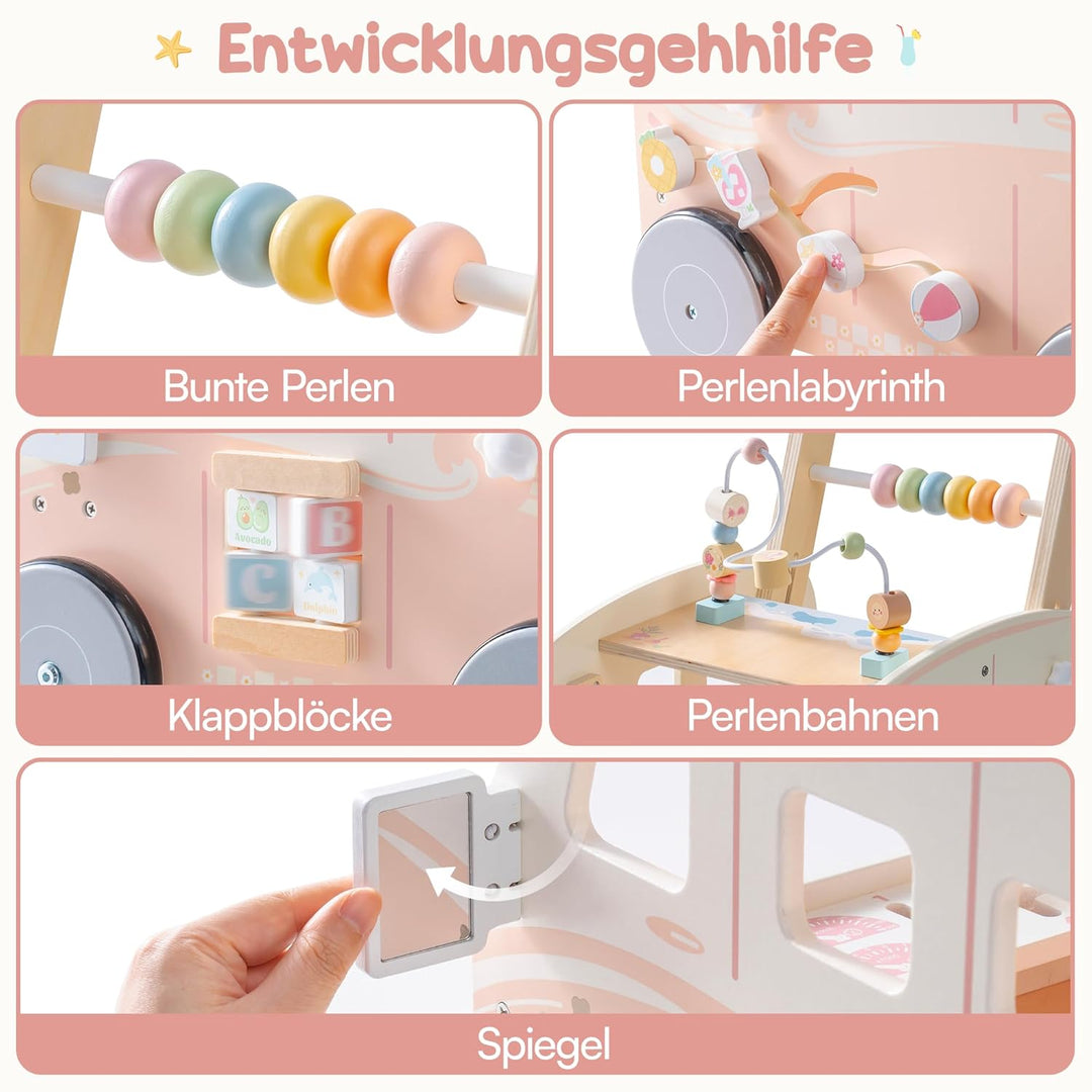 ROBUD Baby Lauflernhilfe Holz, Interaktiver Lauflernwagen, Einstellbare Geschwindigkeit & Höhe Baby